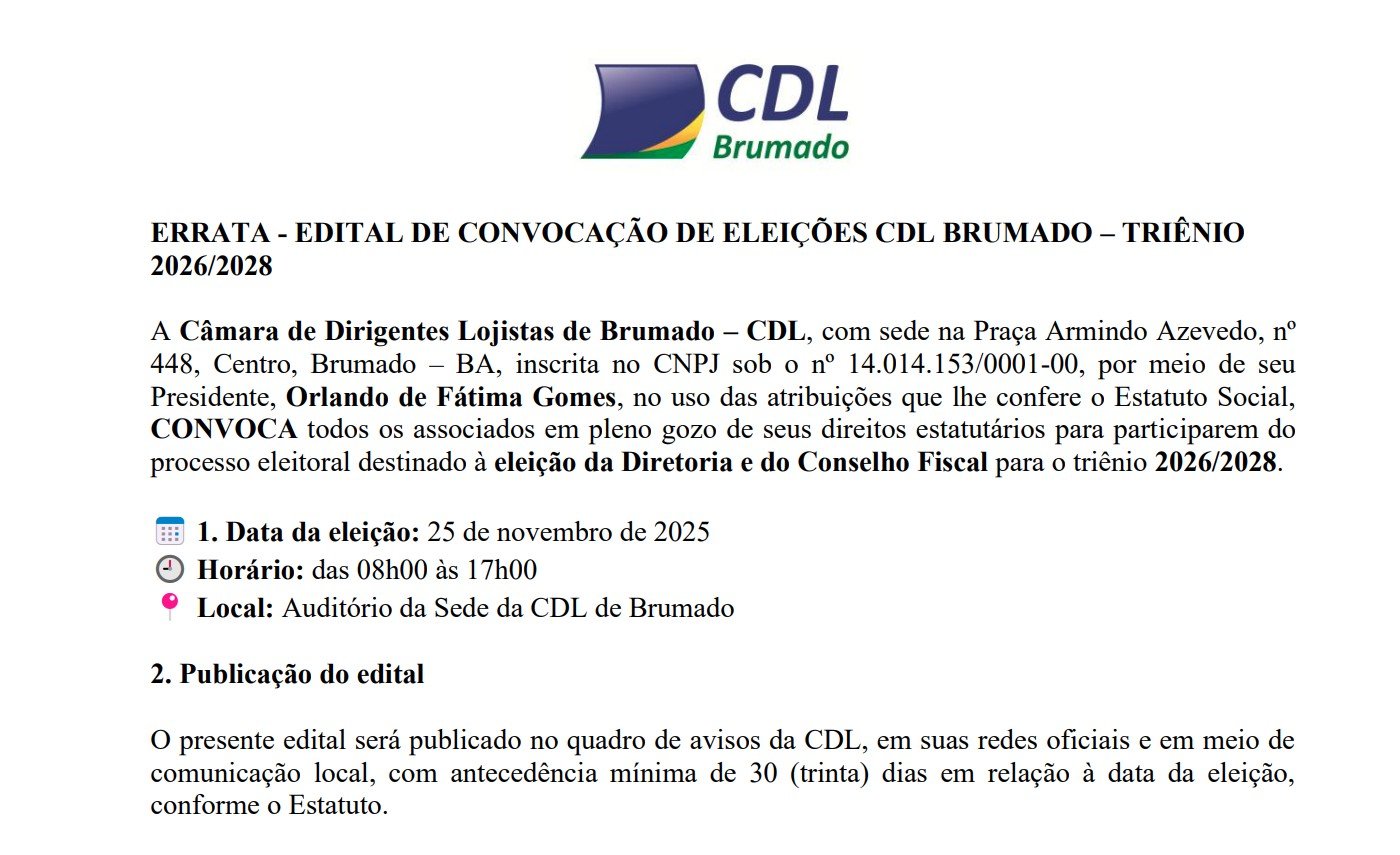 ERRATA - EDITAL DE CONVOCAÇÃO DE ELEIÇÕES CDL BRUMADO – TRIÊNIO 2026/2028