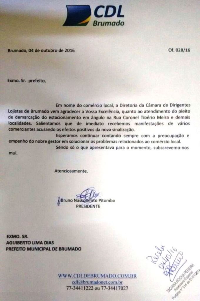 CDL de Brumado agradece à prefeitura pelo atendimento ao pedido do estacionamento em ângulo em ruas do centro